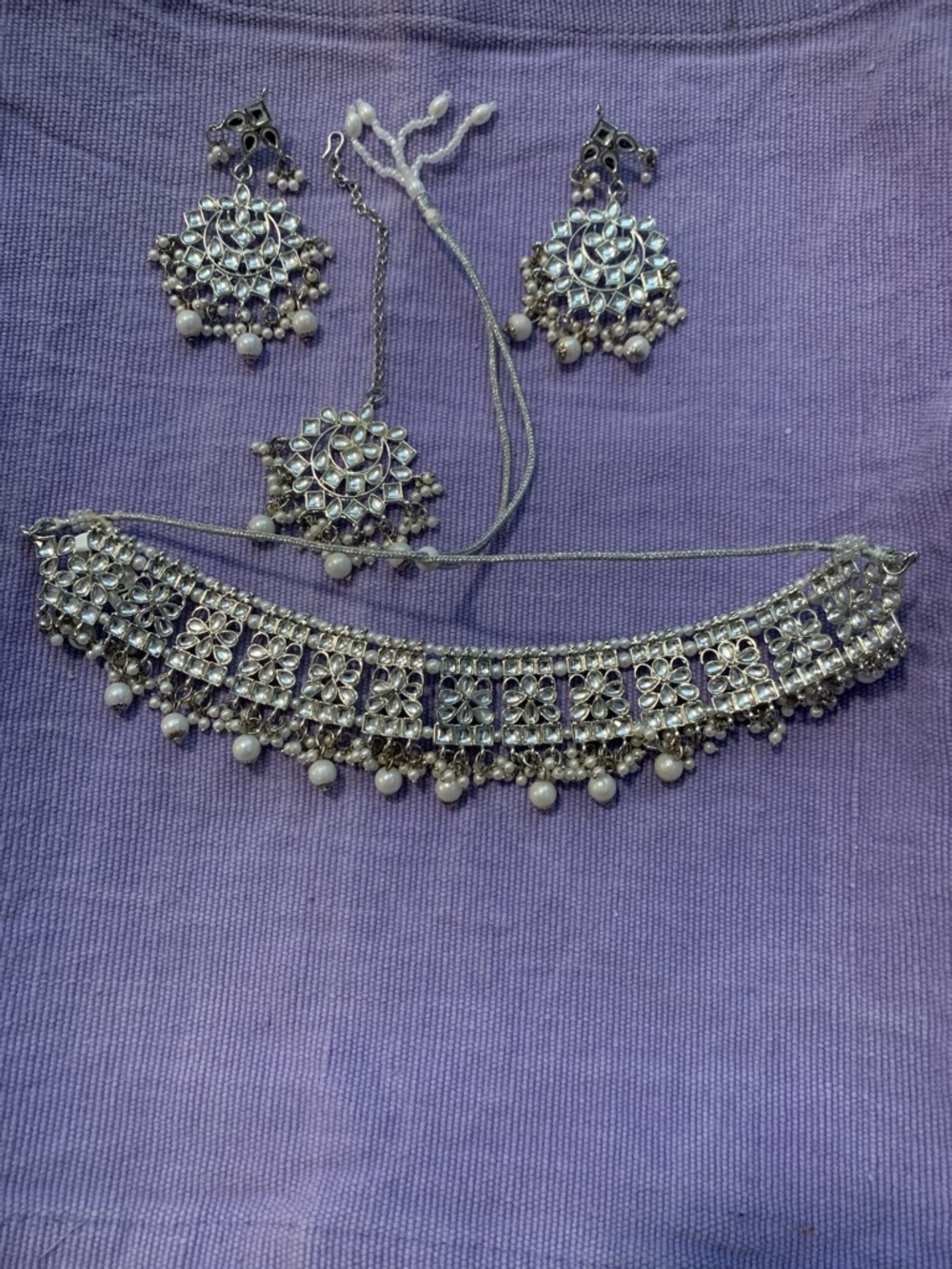 New Silver Pearl Chandbali Necklace & Earrings Set